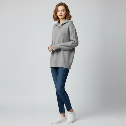 Women’s Sweatshirt – Relaxed Fit – High Zip Collar – Ribbed Knit Trim