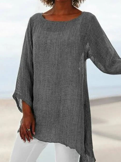 Glenys Top | Long Sleeve Round Neck Shirt with Asymmetrical Hem