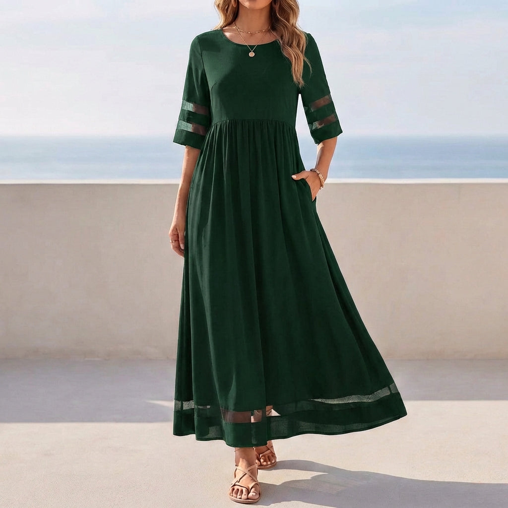 Isabella Relaxed Fit Maxi Dress | Mesh Panels Gathered Waist Dress