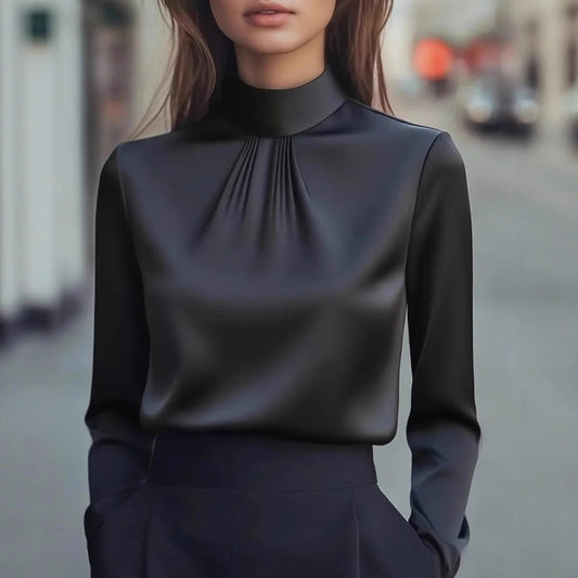 Isabella Pleated High Neck Blouse | Long Sleeve Hip-Length Blouse