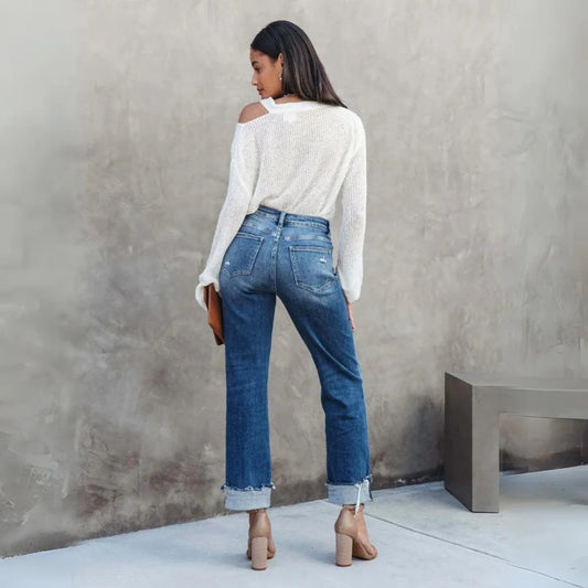 Isla Jeans | High Waist Straight-Leg Distressed Cuffed Jeans