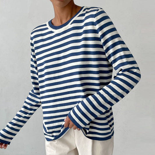 Isla Striped Crewneck Knit Sweater | Ribbed Trim Relaxed Fit Sweater