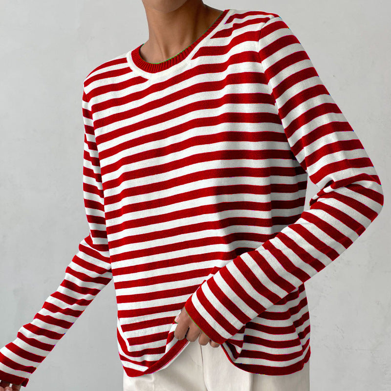 Isla Striped Crewneck Knit Sweater | Ribbed Trim Relaxed Fit Sweater