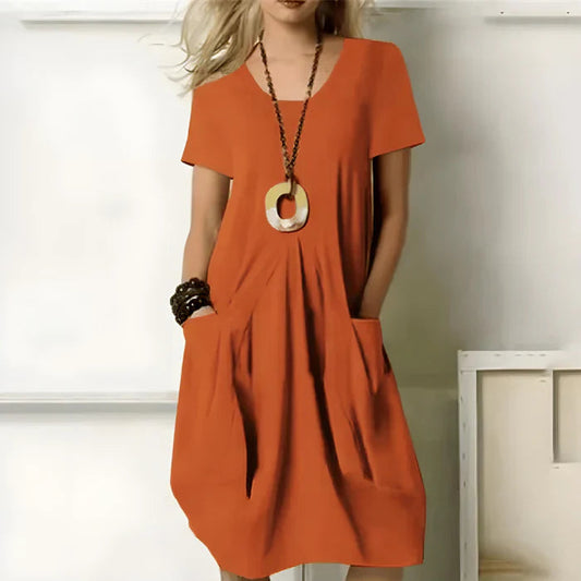 Jayani Dress | Short Sleeves Solid Color Dress with Pockets