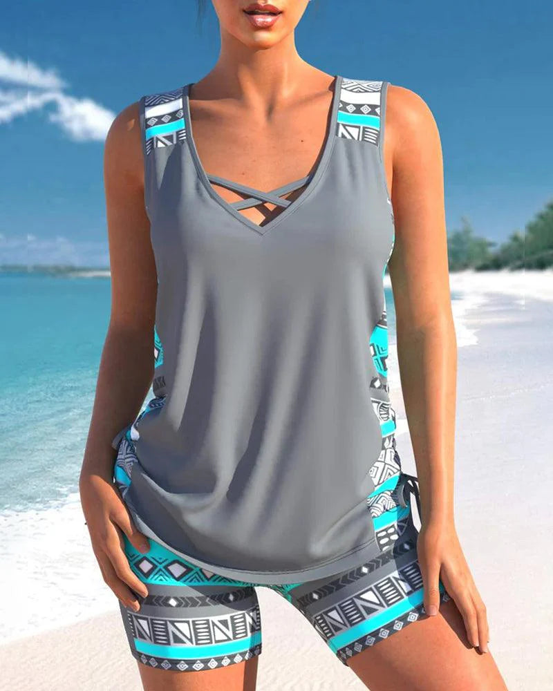 Jorja Tankini Set | Summer Geometric V-Neck Tankini Set