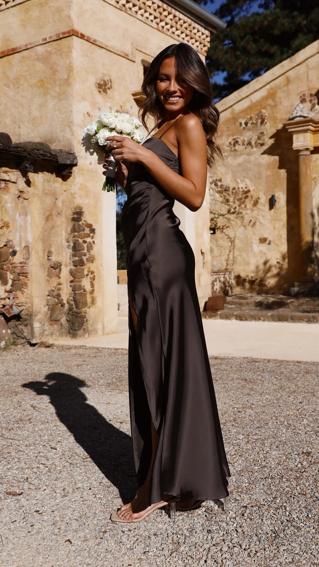 Kallie Dress | Satin Look with Side Slit Slip Maxi Dress
