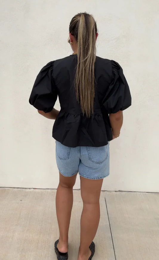 Karleen Blouse | Tie-Front Puff Sleeve Cotton Top