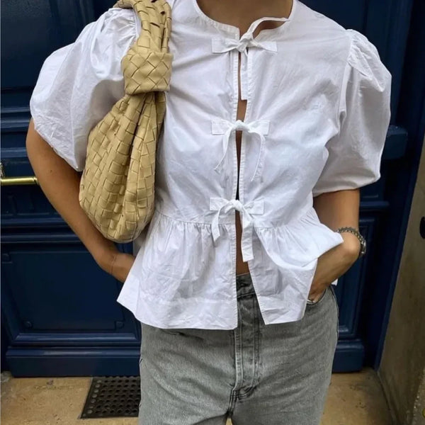 Karleen Blouse | Tie-Front Puff Sleeve Cotton Top