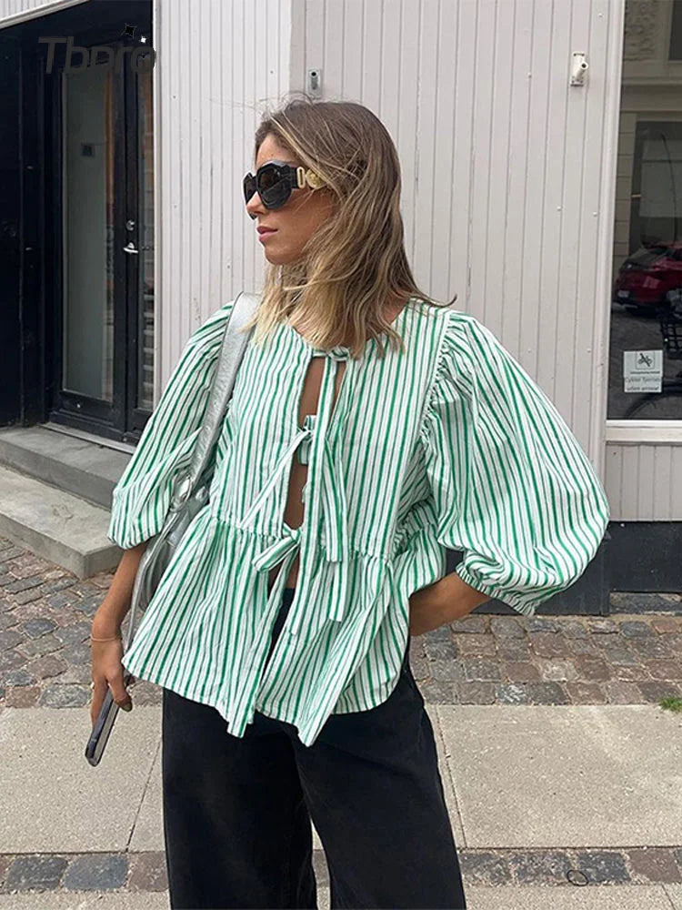 Karleen Blouse | Tie-Front Puff Sleeve Cotton Top