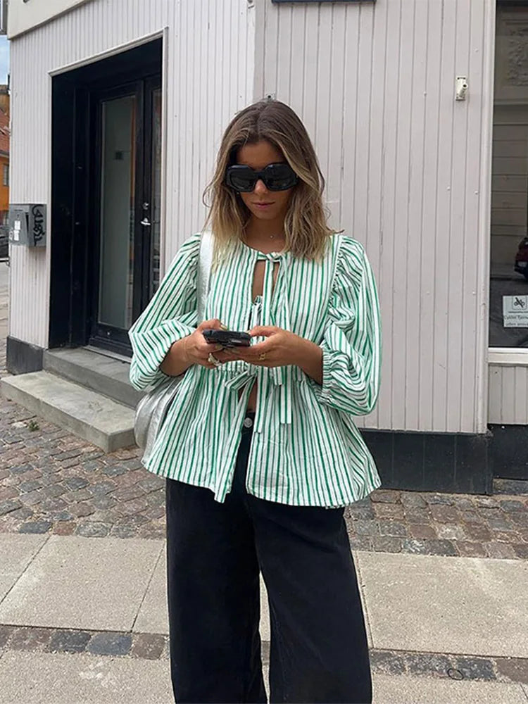 Karleen Blouse | Tie-Front Puff Sleeve Cotton Top