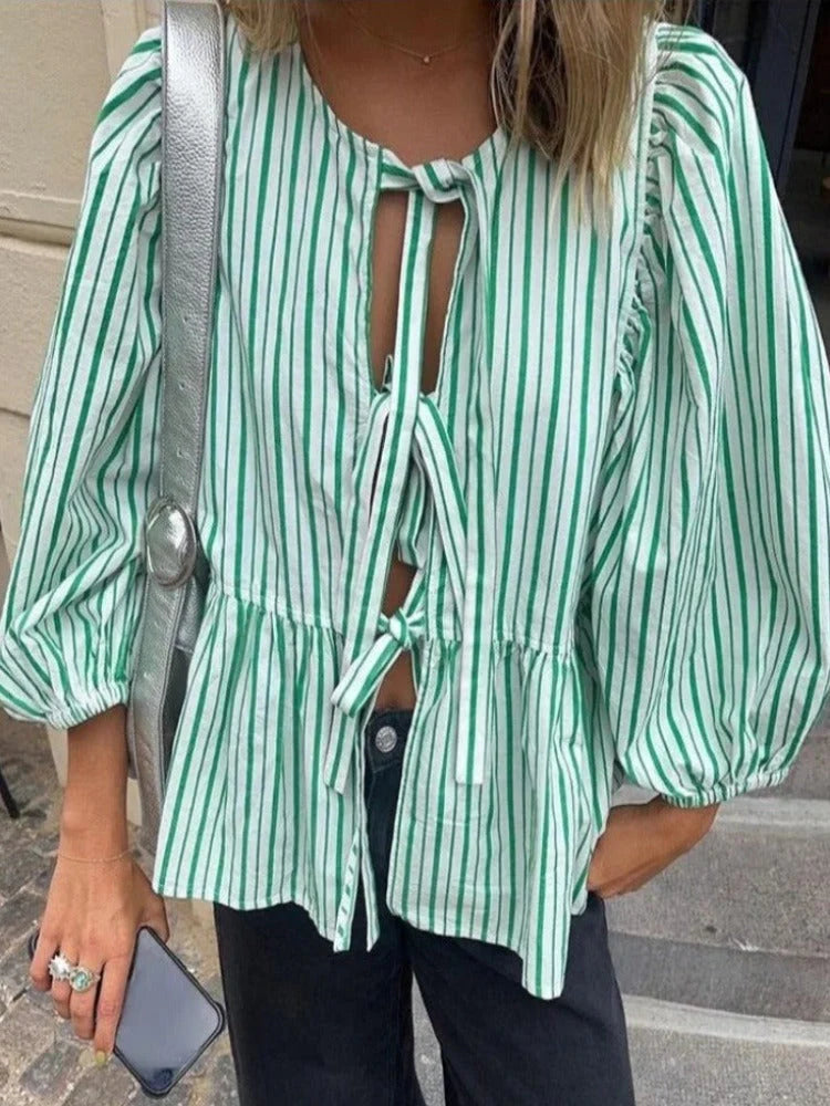 Karleen Blouse | Tie-Front Puff Sleeve Cotton Top