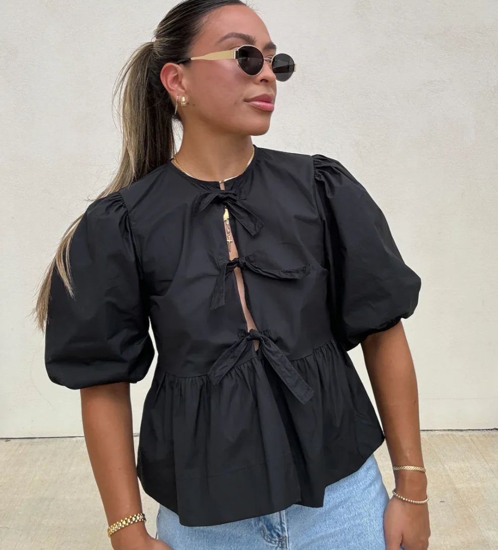 Karleen Blouse | Tie-Front Puff Sleeve Cotton Top