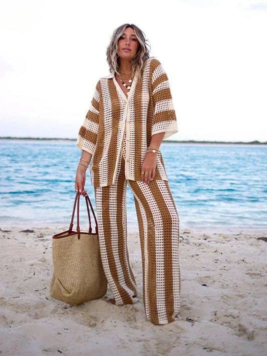 Lauryn Set | Casual Hollow Striped Knit Sweater and Pants Set