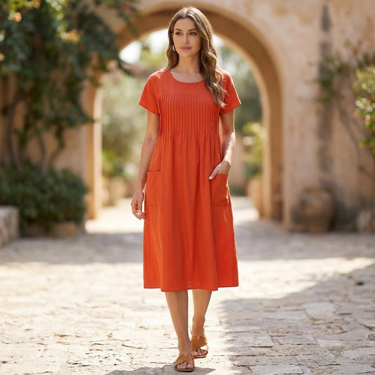 Sofia A-Line Dress | Pleated Patch Pockets Dress