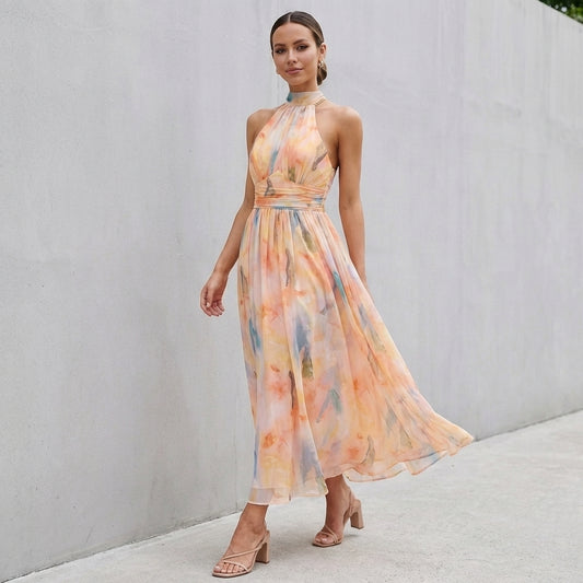 Isla A-Line Maxi Dress | Halter Neck Floral Sleeveless Dress