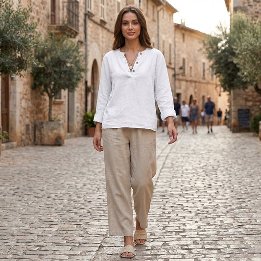 Isla Relaxed Fit Henley Shirt | Solid Button Placket Henley Shirt