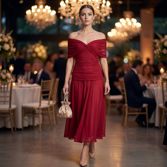 Aurora A-Line Midi Dress | Off-Shoulder Ruched Midi Dress