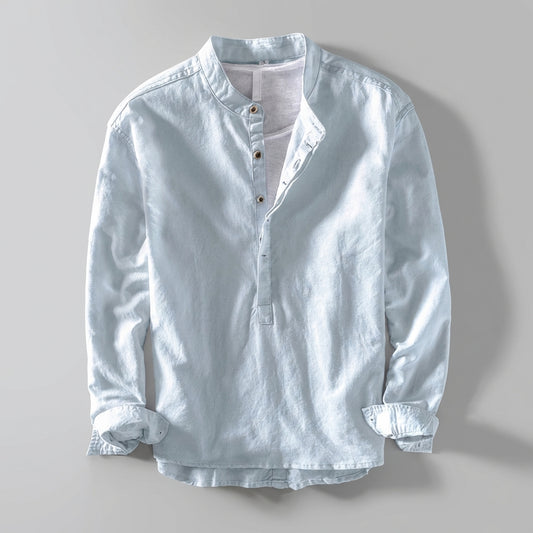 Henry Relaxed Fit Henley Shirt | Stand Collar Button Placket Shirt