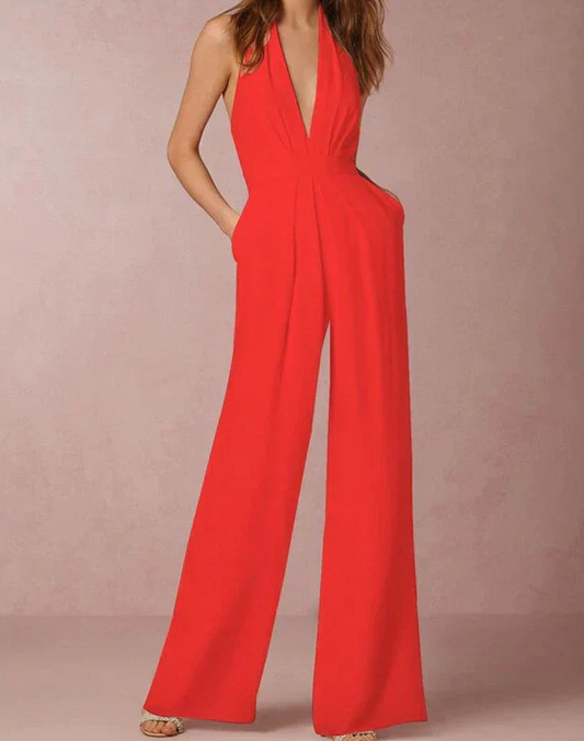 Lilibeth Jumpsuit | Elegant Deep V-Neck Halter Jumpsuit