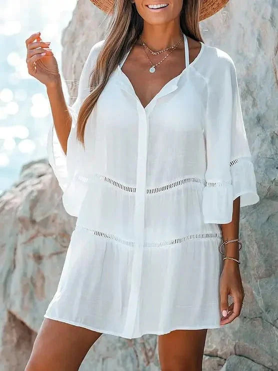 Lira Dress | Elegant White Beach Dress with Lace Details