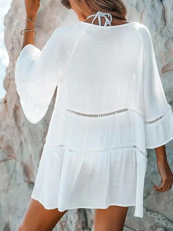 Lira Dress | Elegant White Beach Dress with Lace Details