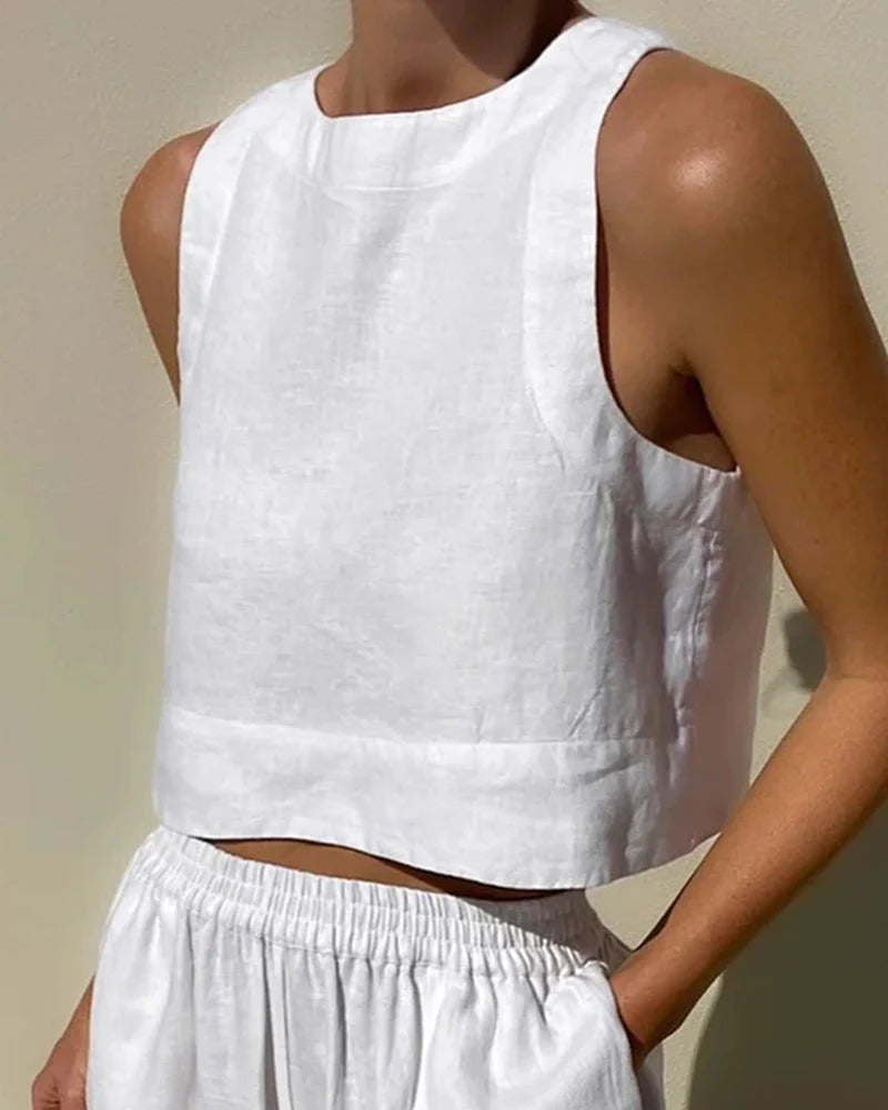 Lucienne Set | Casual Linen Sleeveless Capri Pants Set
