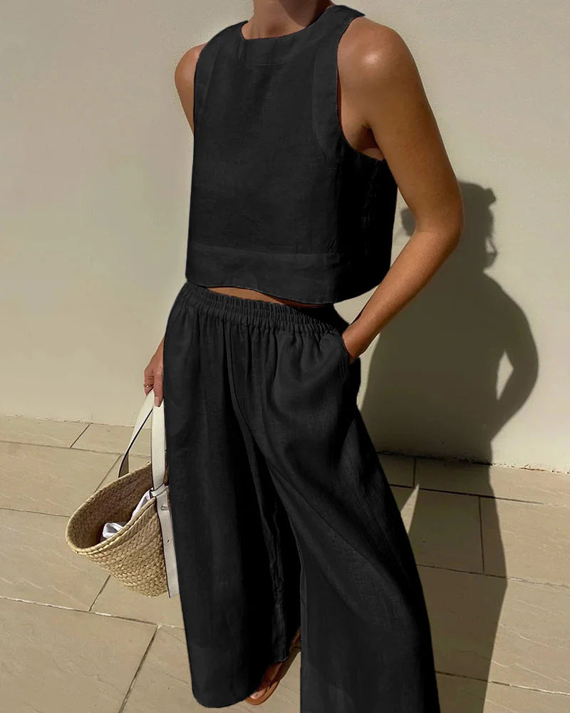 Lucienne Set | Casual Linen Sleeveless Capri Pants Set