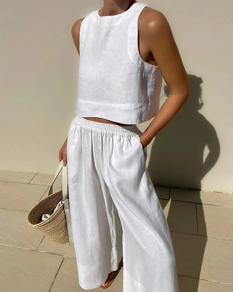 Lucienne Set | Casual Linen Sleeveless Capri Pants Set
