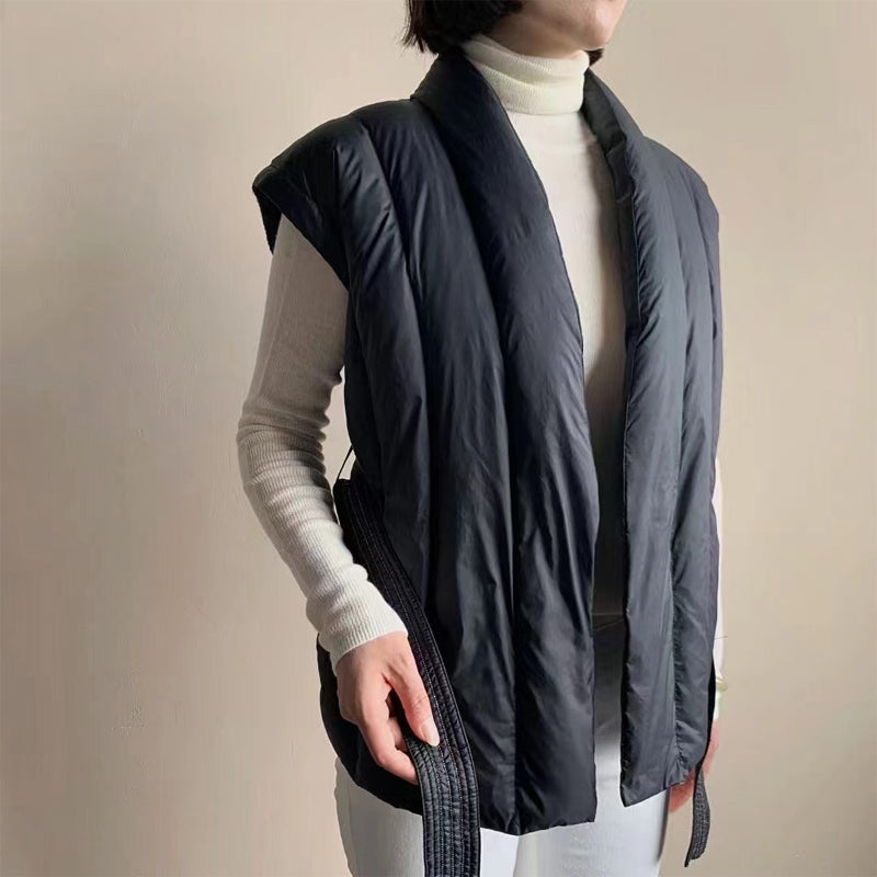Sienna Belted Wrap Front Relaxed Fit Puffer Vest | Shawl Collar Sleeveless Puffer Vest