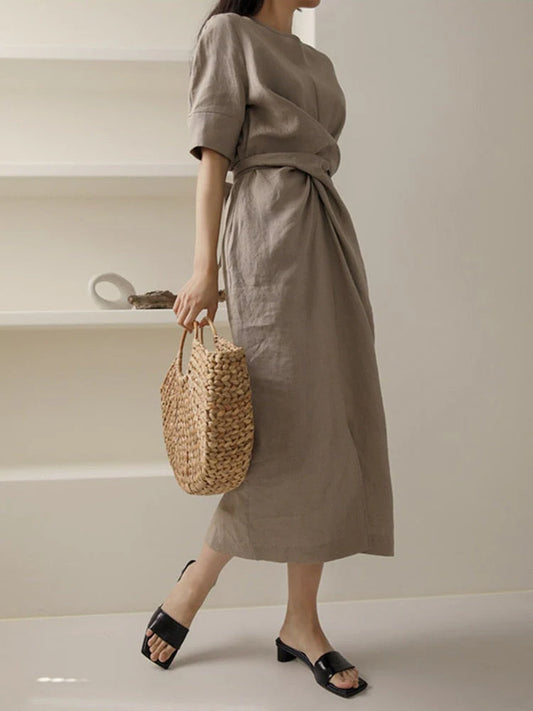 May Dress | Waist Twisted Pleated Cotton Linen Dress