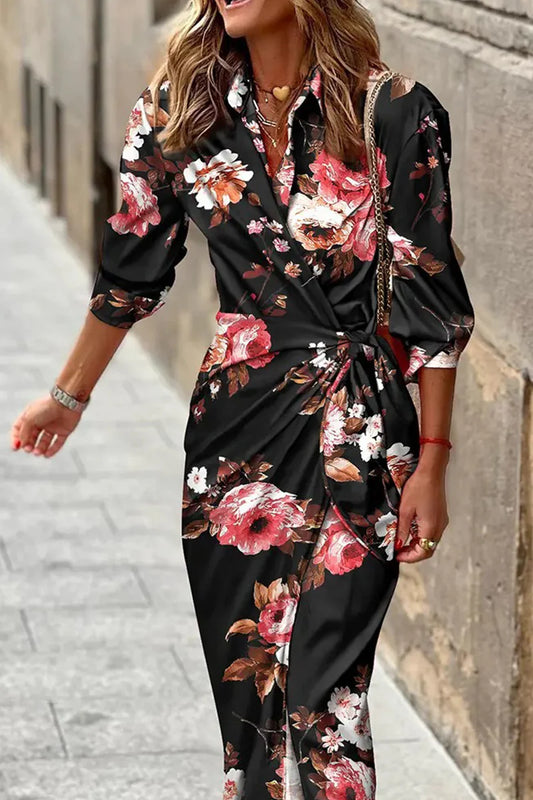 Melodie Dress | Long Sleeve Collared Ruched Waist Wrap Dress