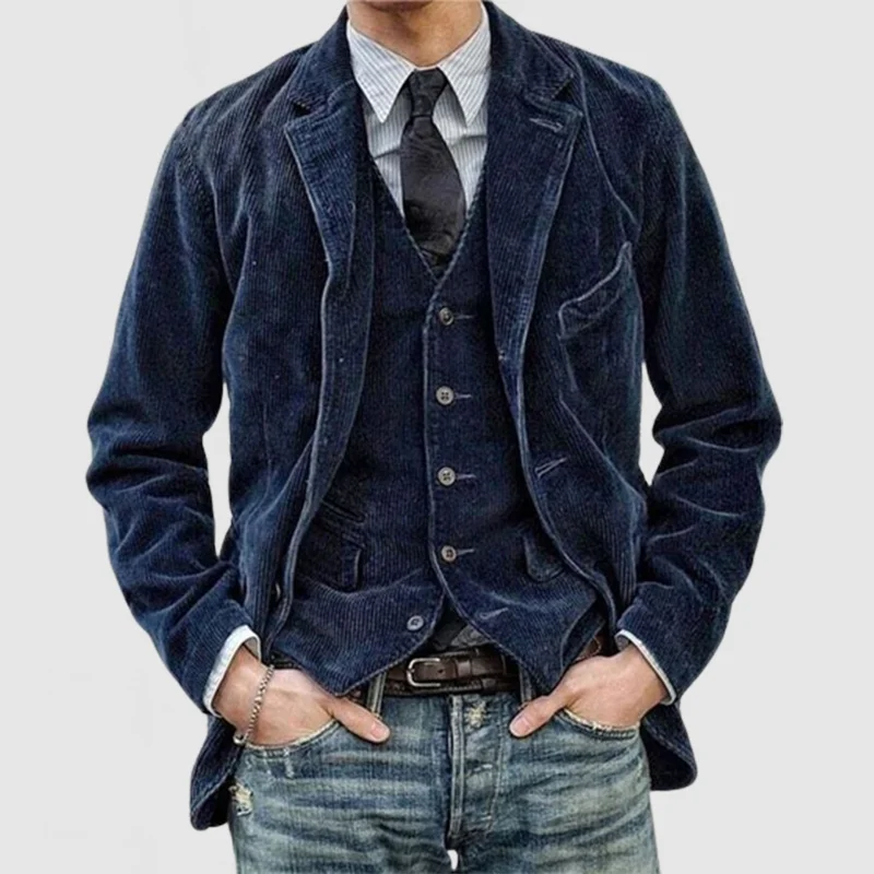Men’s Blazer and Gilet Set – Relaxed Fit – Ribcord Texture – Single-Breasted Layered Look
