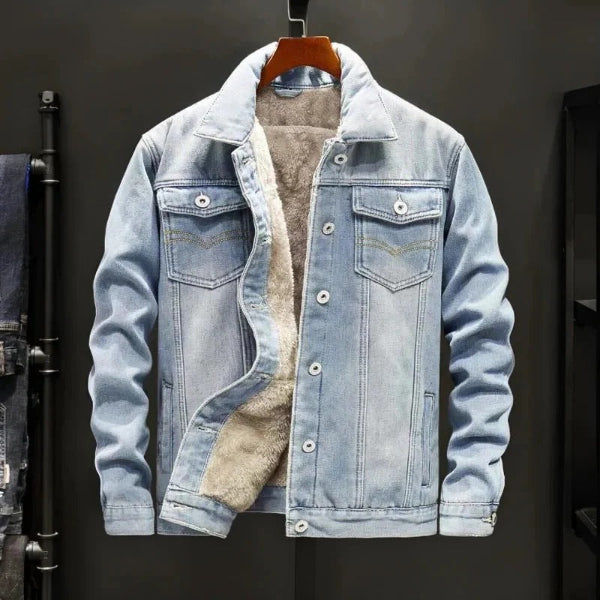 Men’s Denim Trucker Jacket – Relaxed Fit – Sherpa Lining – Button Front – Chest Pockets