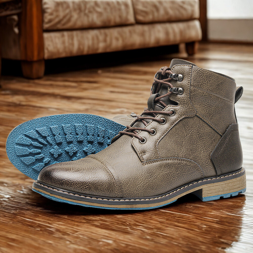 Men’s High-Top Leather Boots – Cap Toe – Lace-Up with Side Zip – Padded Ankle Support