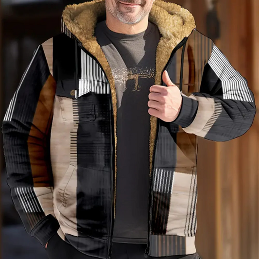 Men’s Hooded Jacket – Regular Fit – Sherpa Lined Hood – Full Zip – Geometric Print