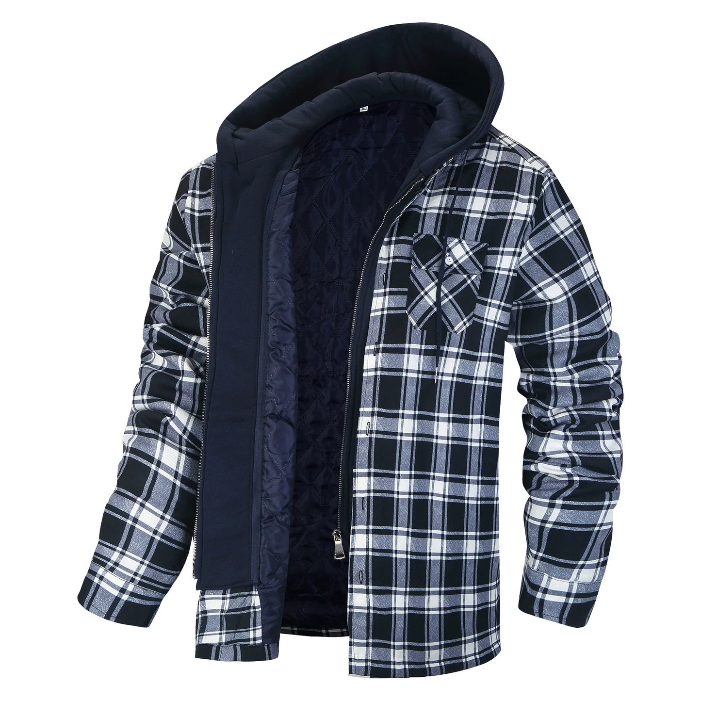 Men’s Jacket – Relaxed Fit – Plaid Pattern – Faux Layered – Sherpa Lined Hood