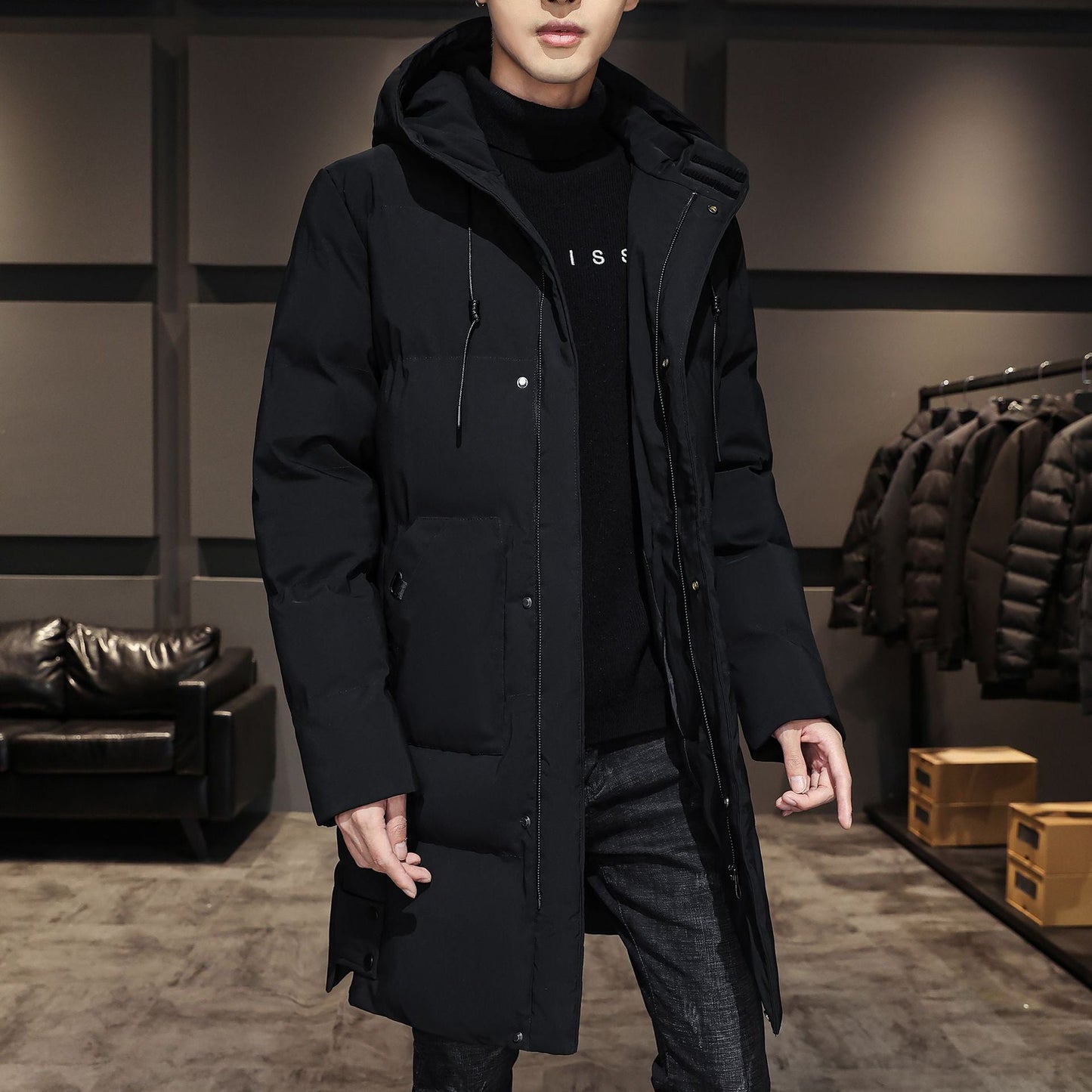 Men’s Long Coat – Quilted Insulating Fabric – Hooded – Ribbed Cuffs – Regular Fit