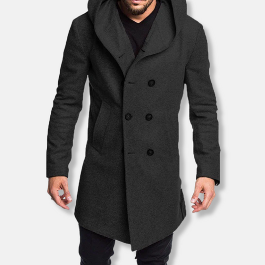 Men’s Long Coat – Slim Fit – Wool – Double-Breasted – Hooded Structured Style