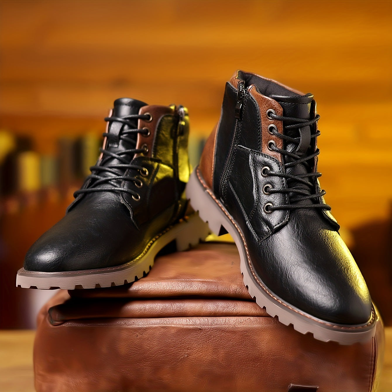 Men’s Mid-Calf Boots – Leather – Lace-Up with Side Zipper – Lugged Sole – Padded Ankle