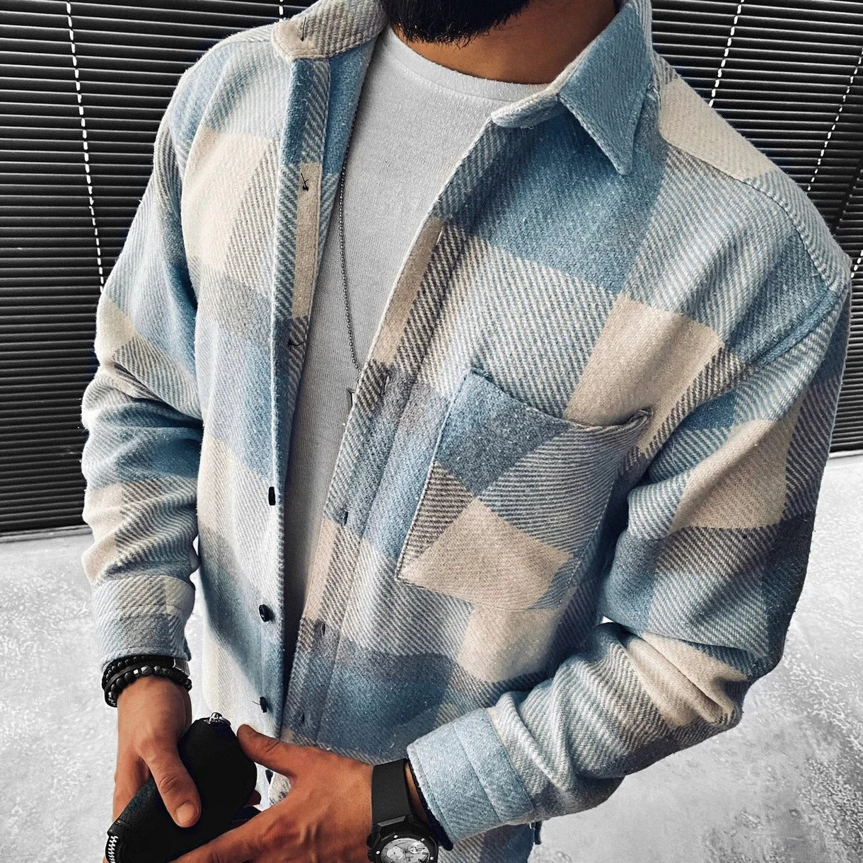 Men’s Overshirt – Relaxed Fit – Woven Texture – Button Front – Chest Pocket