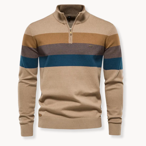 Men’s Quarter-Zip Sweater – Slim Fit – Wool Blend – Ribbed Trim – Striped Chest