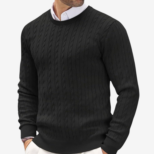 Men’s Sweater – Wool Blend – Tailored Fit – Crew Neck Cable Knit Long Sleeve