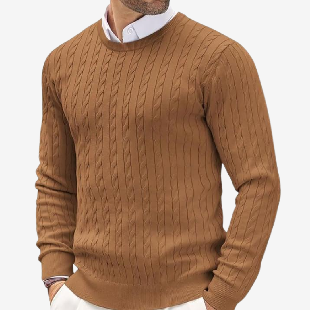 Men’s Sweater – Wool Blend – Tailored Fit – Crew Neck Cable Knit Long Sleeve