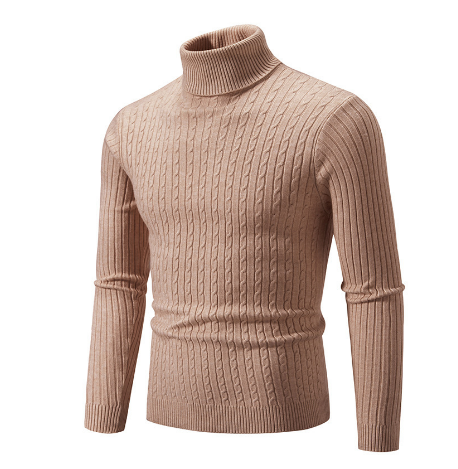 Men’s Turtleneck Sweater – Slim Fit – Wool – Cable Knit – Ribbed Collar and Cuffs