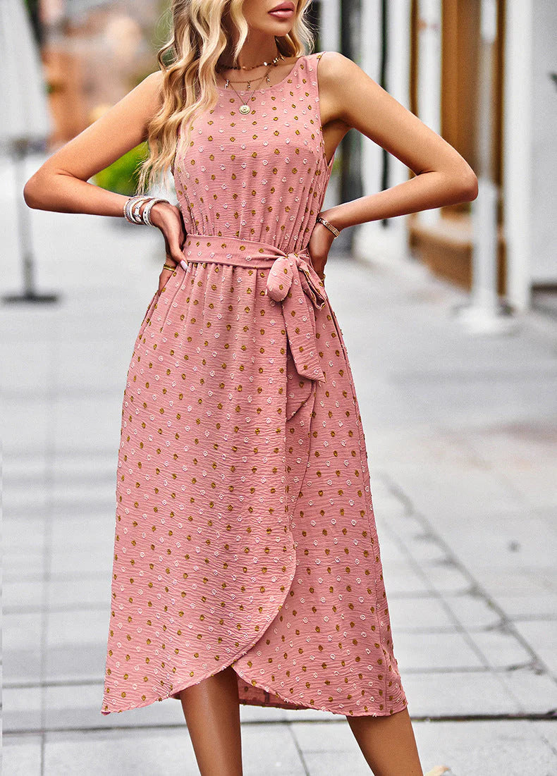 Mica Dress | Sleeveless Pink Midi Dress With Dots