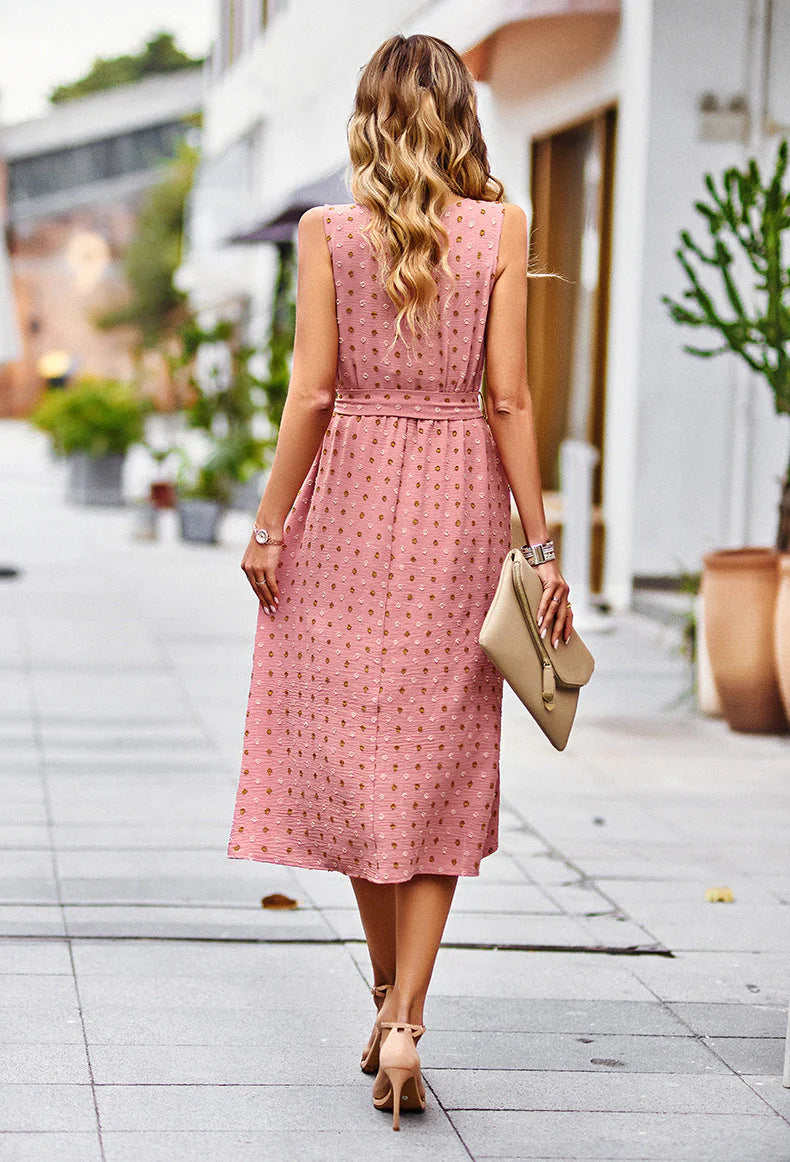 Mica Dress | Sleeveless Pink Midi Dress With Dots