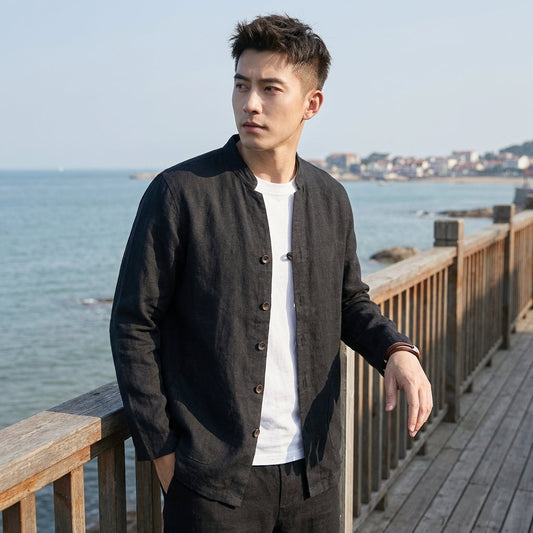 Harry Relaxed Fit Shirt Jacket | Mandarin Collar Button Front Shirt Jacket