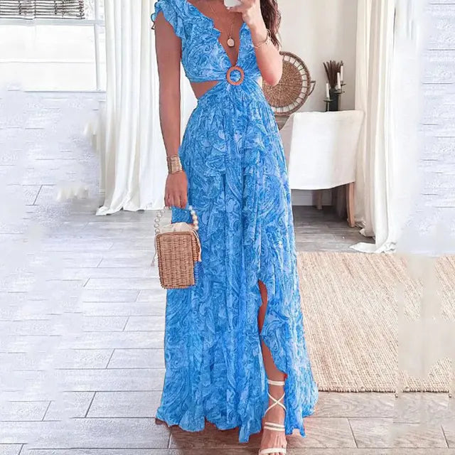 Nala Floral Layered Ruffles Folklore V-Neck Sleeveless Front Slit Maxi Dress