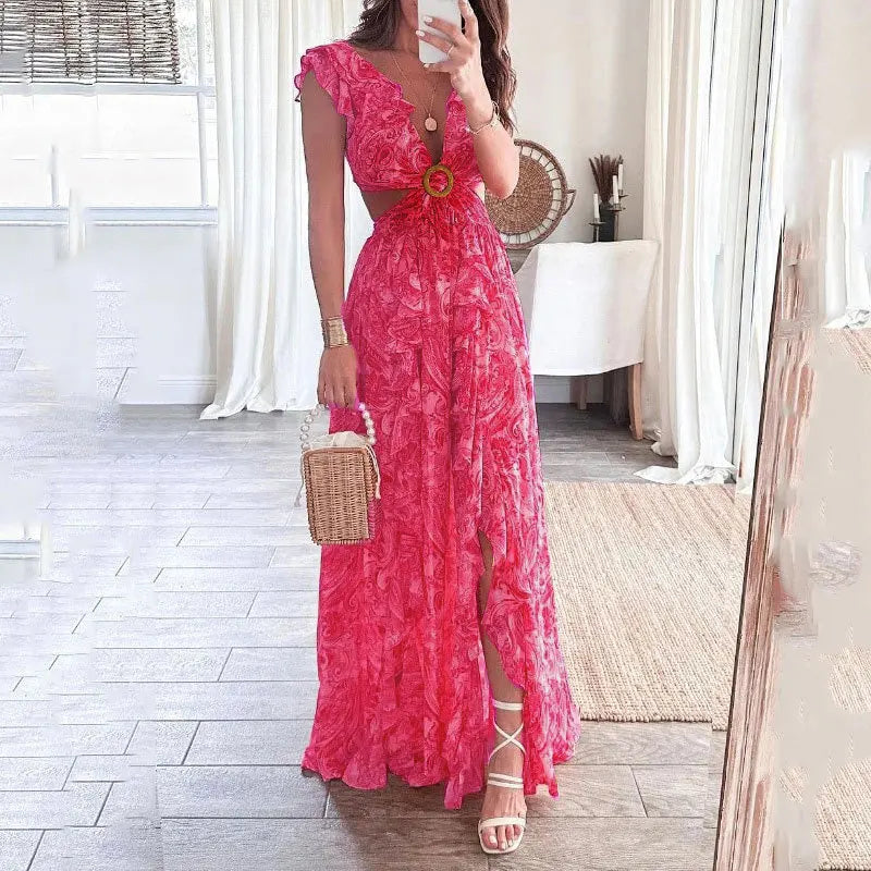 Nala Floral Layered Ruffles Folklore V-Neck Sleeveless Front Slit Maxi Dress