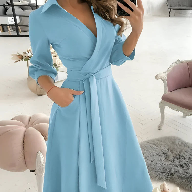Naleya Dress | V-Neck Self-Tie Waist 3/4 Sleeve Wrap Dress